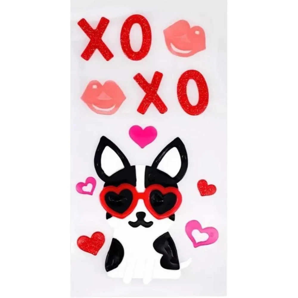 NEW Window Gel Clings Stickers Bulldog Puppy Dog XOXO Love Kisses CUTE 12 count!